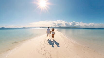 A young couple walking on white sand beach on island. Romantic couple, Summer honeymoon. Generative Ai - obrazy, fototapety, plakaty