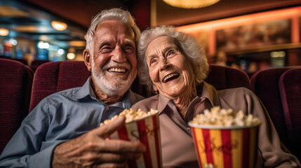 Cheerful senior couple with popcorn at cinema. elderly people. Generative Ai