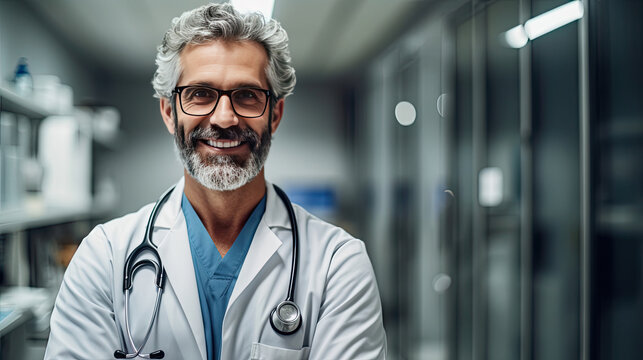 Portrait of A smiling doctor standing with arms crossed in hospital corridor. Generative Ai