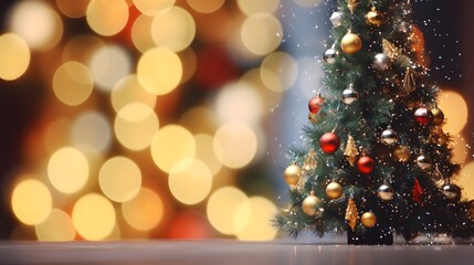 Obraz na płótnie Canvas Decorated Christmas tree on blurred background copy space