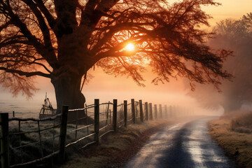 Sunrise in the fog, autumn