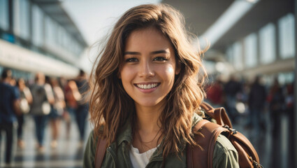 Bellissima ragazza felice e sorridente in aeroporto con zaino pronta per viaggiare	 - obrazy, fototapety, plakaty