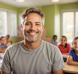 Obraz premium Teacher with Group of Preschool Children in Classroom, Preschool Education Teacher and Young Students, Early Childhood Learning Teacher with Preschool Class