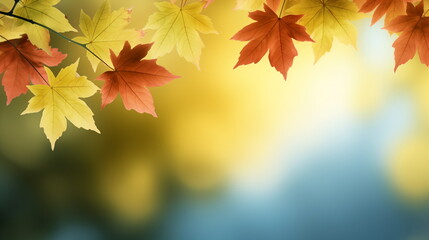Autumn natural background, design, banner or template. Yellow and red maple leaves are flying and...