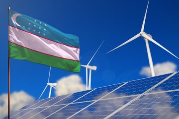 Uzbekistan renewable energy, wind and solar energy concept with windmills and solar panels - renewable energy - industrial illustration, 3D illustration