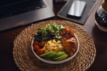 Scrambled Egg Croissant Bacon with Avocado and Tomato Salad