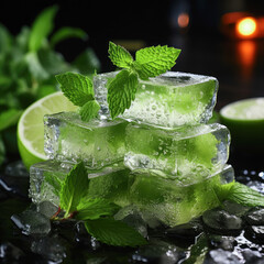 Transparent ice cubes with frozen lemon, lime inside decorated with mint over dark background.