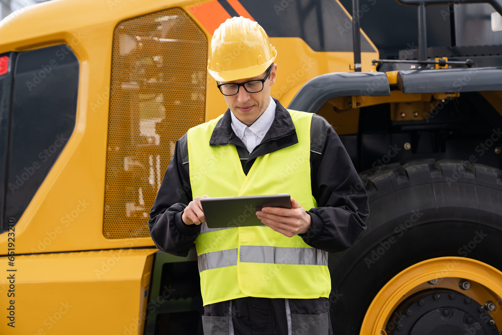 Poster Worker in a helmet with a digital tablet on the background of construction machine