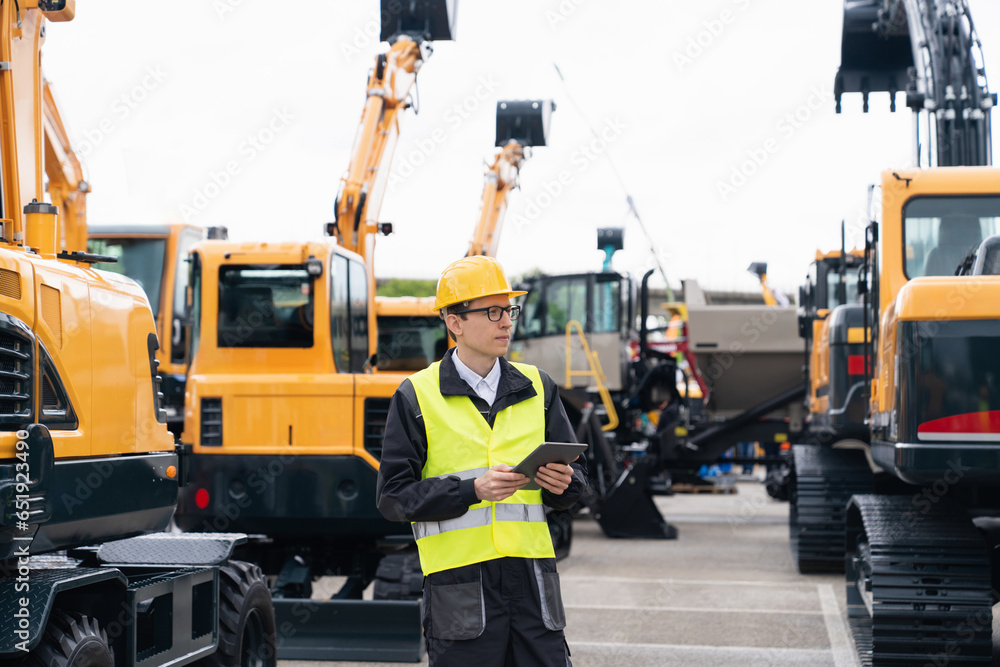 Poster engineer in a helmet with a digital tablet stands next to construction excavators.