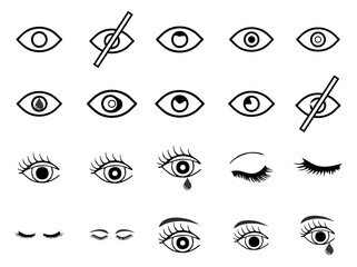 Eye line icon set. Open, closed eyes, visible invisible concept, hidden password, view minimal vector illustrations