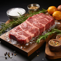 Natural raw marble beef steak for grill with salt and rosemary 