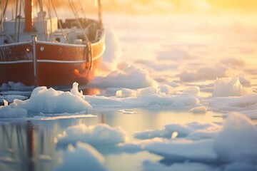 an icebreaker sailing in the arctic ocean between icebergs - obrazy, fototapety, plakaty