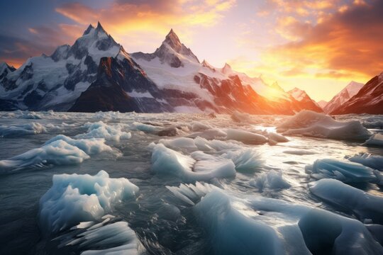 frozen ice gracier in high mountains at sunset