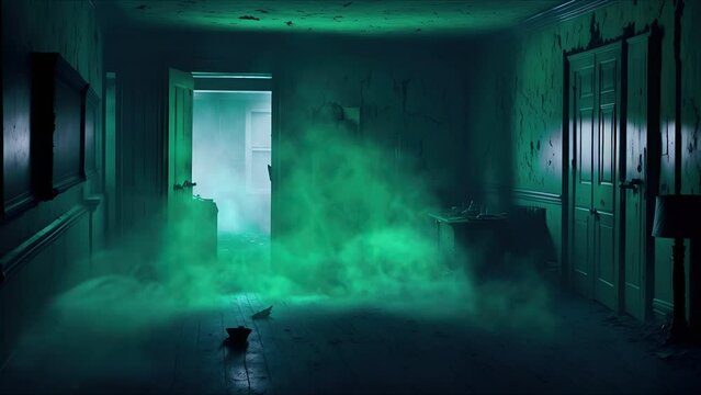 Spooky haunted room with silhouette. Old-fashioned grunge abandoned interior. Horror anxiety mysterious scary  atmosphere. Halloween animated backgrounds