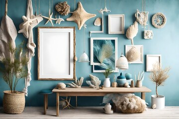 Mock up frame in home interior background, coastal style living room with marine decor ai generated