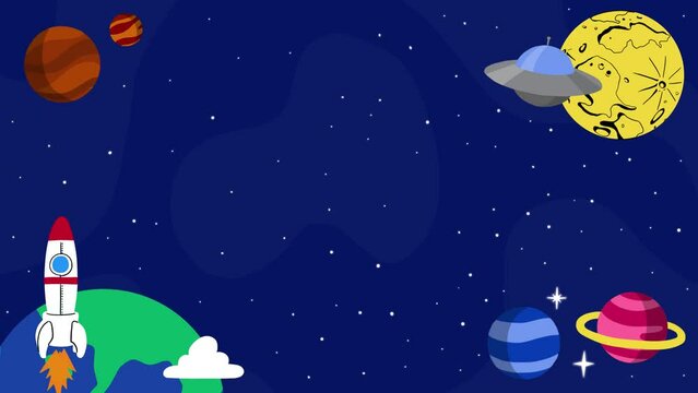 animation of space containing planet, stars, ufo and rocket for background template in cartoon style