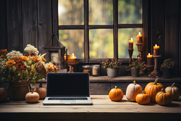 Wooden table with Halloween decor. Home office laptop on desk workspace with copy space, a jack-o'-lantern pumpkin coffee cup, a vase, Thanksgiving Autumn sales. - obrazy, fototapety, plakaty