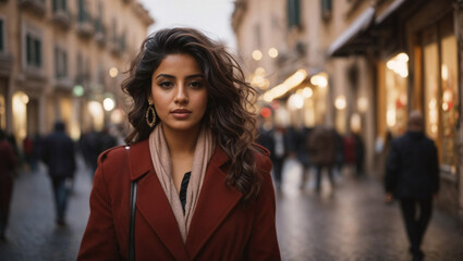 Bellissima donna di origini arabe vestita con un cappotto elegante cammina nella strade di Roma la sera vicino ai negozi con tanta gente e luci - obrazy, fototapety, plakaty
