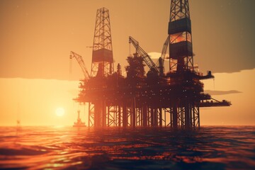 oil platform in the northern sea at sunset