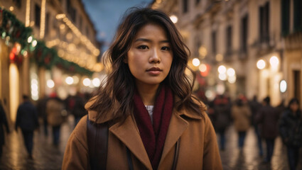 Bellissima donna di origini asiatiche vestita con un cappotto elegante cammina nella strade di Roma la sera vicino ai negozi con tanta gente e luci - obrazy, fototapety, plakaty