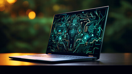 closeup of cool and sophisticated laptop, cyberpunk color
