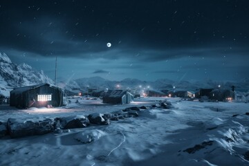 a polar base in the arctic at night