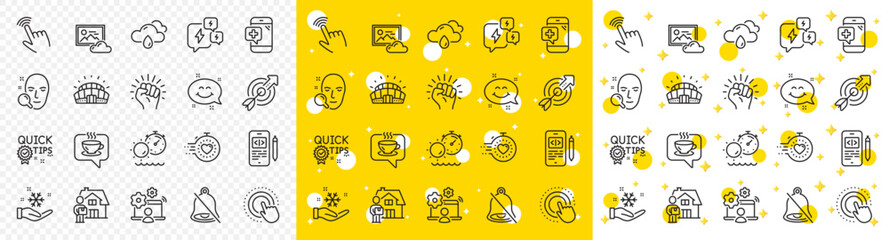 Outline Online job, Smile chat and Phone code line icons pack for web with Quick tips, Target, Face search line icon. Sports stadium, Mute, Coffee pictogram icon. Medical phone, Timer. Vector