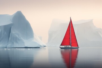 sailboat with red sails  sailing in the arctic sea between icebergs in Antarctica