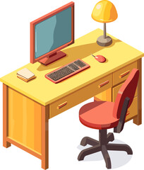 Office desk with computer and lamp. Modern business workplace. Home workspace table. Vector illustration.