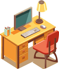 Office desk with computer and lamp. Modern business workplace. Home workspace table. Vector illustration.