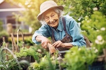 Elderly Woman Gardening, senior woman tending to her garden, gardening as a hobby, active senior in the garden, gardening therapy - obrazy, fototapety, plakaty
