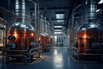 Chemical Manufacturing Plant Interior. Industrial Equipment And Production Facility in Chemistry Industry - obrazy, fototapety, plakaty