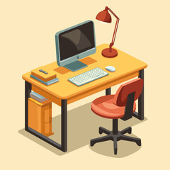 Office desk with computer and lamp. Modern business workplace. Home workspace table. Vector illustration.