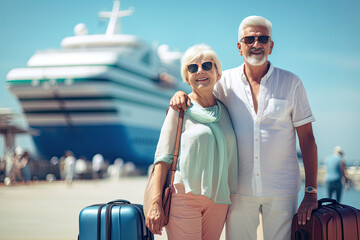 With a waiting cruise ship in the background, an elderly couple enjoys a romantic summer vacation at sea, radiating happiness together.
