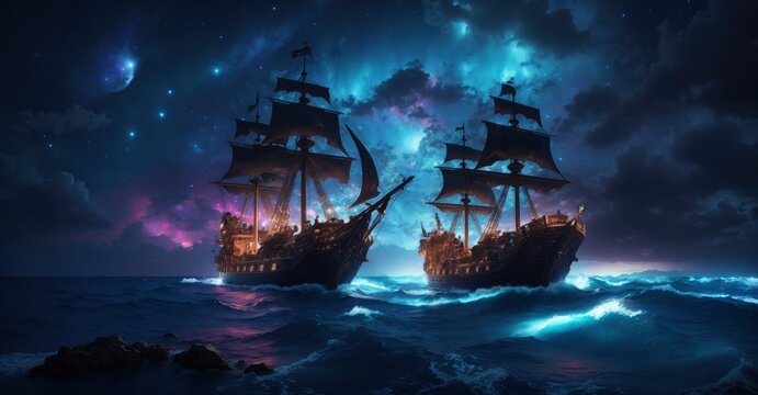 Create an epic 4K ultra image of a pirate ship sailing into a bioluminescent sea with a galaxy-filled sky