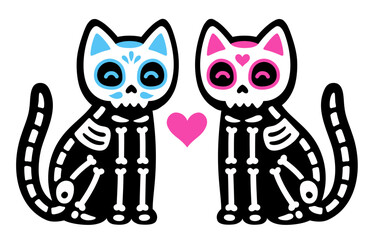 Black skeleton cats couple with Mexican painted skulls