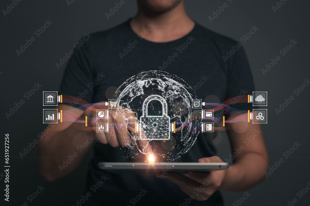 Poster businesswoman locking sensitive financial data for cyber security protection. cyber security concept
