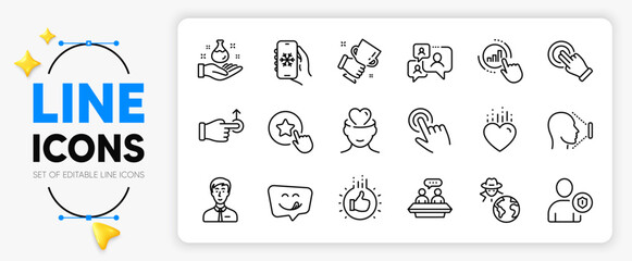 Chemistry lab, Air conditioning and Security line icons set for app include Loyalty star, Graph chart, Face id outline thin icon. Cursor, Employees talk, Like hand pictogram icon. Vector