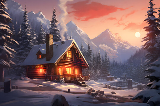 winter scene with a cozy wooden cabin nestled among snow-covered pine trees. The cabin has warm lights illuminating the windows