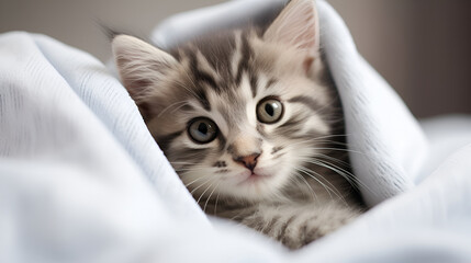 A cute striped kitten lies on a white blanket on the bed, wrapped in a white blanket.