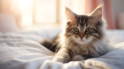 A cute tabby kitten lies on a white blanket on the bed.