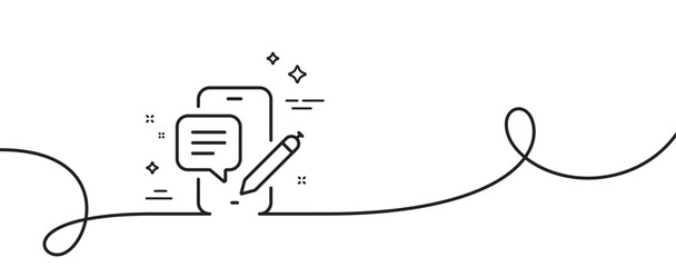Phone chat line icon. Continuous one line with curl. Smartphone app sign. Cellphone mobile device symbol. Phone chat single outline ribbon. Loop curve pattern. Vector