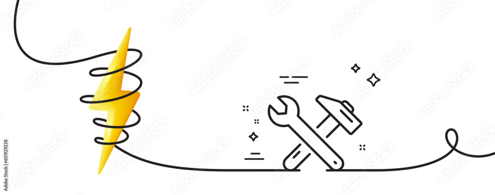 Poster spanner and hammer line icon. continuous one line with curl. repair service sign. fix instruments sy