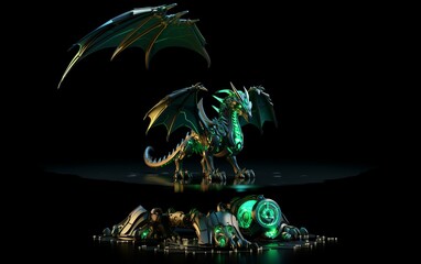Robotic dragon on black background. Symbol of 2024, the year of the Dragon
