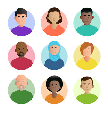 Illustrated flat simple characters profile images. Cropped headshots. Nine diverse colorful characters. Easy to edit.