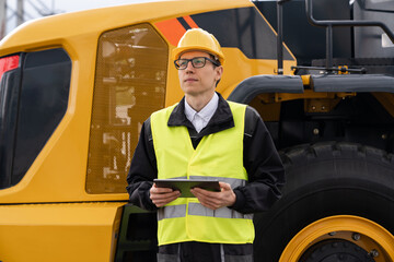 Worker in a helmet with a digital tablet on the background of construction machine