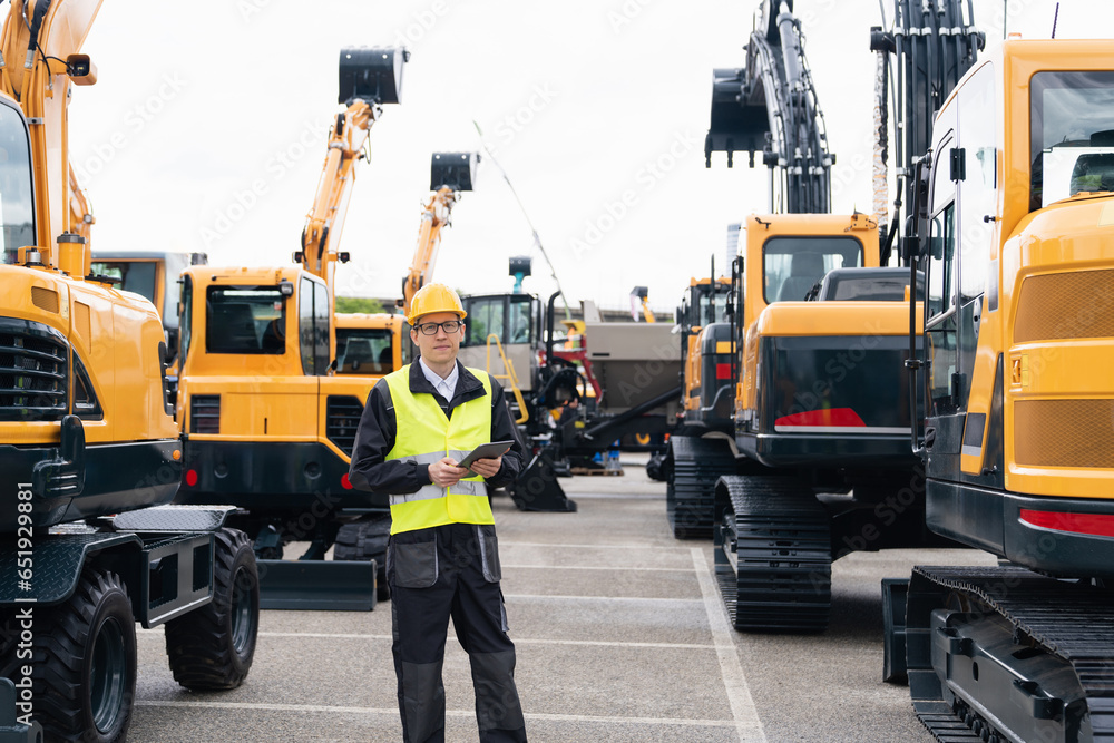Poster engineer in a helmet with a digital tablet stands next to construction excavators.