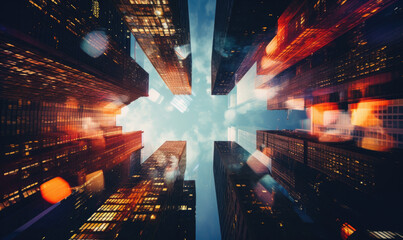 Kaleidoscopic view of skyscrapers, blending urban architecture with artistic flair.