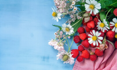 Obraz na płótnie Canvas Vibrant berries and flowers against a blue backdrop.