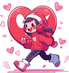 heart shape illustration vector cartoon running smile happy cute character valentine love smiling
